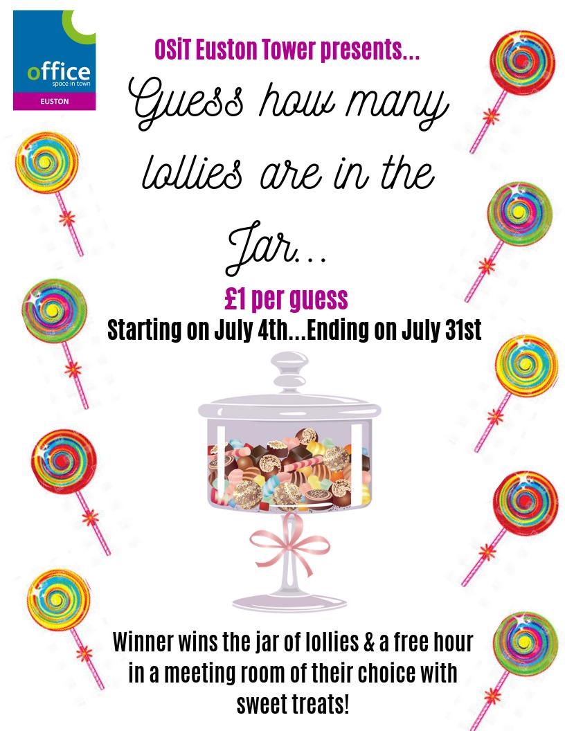 OSiTEustonTower's tweet photo. Guess how many Lollies are in the jar🍭

All money raised will go to our chosen charity!

Good Luck Everyone! https://t.co/YBo4wVvCln