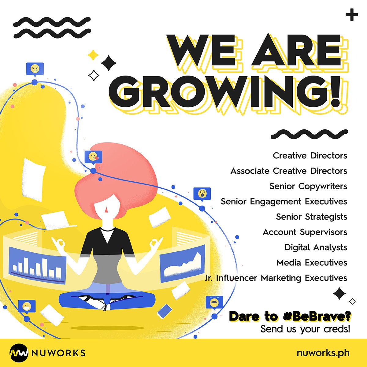 jpaaaaaps's tweet image. #MayOpeningBaDiyan? Dito meron! If you think you have what it takes to live and thrive in the #AhensyaLife, send your resumes and/or portfolios to jp.sanchez@nuworks.ph 🙌

Visit @nuworksph to see more of what we do! #BeBrave