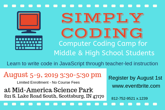 MidAmericaSP's tweet photo. Beginning Coding Camp for Scott County Middle-High School Students! FREE 5-day Coding Camp, Aug. 5-9, 3:30-5:30, Mid-America Science Park. Students will code 3 games &amp; upload their game live on the web. Register by Aug. 1 here https://t.co/HfsBExhiUY or call 812-752-9521 x1239. https://t.co/D94QGsHZDA