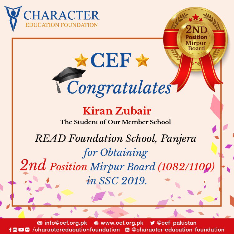 CEF_Pakistan's tweet photo. Character Education Foundation #Congratulates Kiran Zubair of READ Foundation For Obtaining #2nd_Position in Mirpur AJK Board #SSC2019
#Resultsday2019 #Congrats #READFoundation
#CharacterBuilding #CharacterEducation #CharacterMatters #EducatePakistan #EducationForAll #CEF #Quran https://t.co/uIKLJ4J6e3