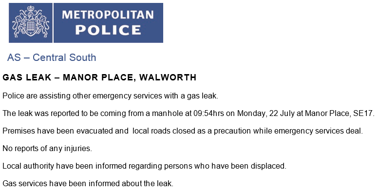 MPSSouthwark's tweet photo. #GasLeak #ManorPlace #Walworth https://t.co/6616OydOyV