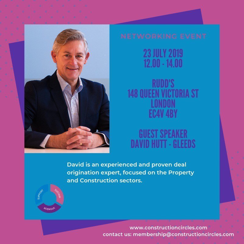 Please join us for our next networking event on 23 July 2019 from 12.00 - 14.00.  David is an experienced and proven deal origination expert with Gleeds, a global property and construction consultancy. #constructioncircles #networking #wastemanagement #construction #business