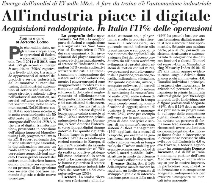 EY_Italy's tweet photo. All'industria piace il #digitale. #Acquisizioni più che raddoppiate negli ultimi cinque anni, in Italia l'11% delle operazioni. A fare da traino c'è l'automazione industriale @DonatoIacovone #EY #MandA #industria40 #EYmanufacturinglab https://t.co/i8u7dc5X3S