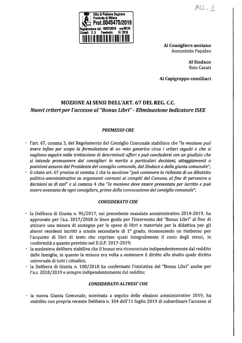 LegaPaderno's tweet photo. #PadernoDugnano: presentata mozione contro l'eliminazione del #BonusLibri da parte della Giunta Casati-Di Maio per le #famiglie con Isee sopra 20mila euro.
La mozione verrà discussa nel Consiglio Comunale di martedì #23luglio (dalle 19:30). https://t.co/uUVKPN16UG