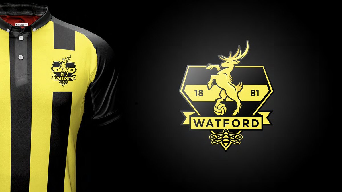 MrSimonWalsh's tweet photo. My entry for the new #WatfordFC crest of the future. The concept keeps the balance between old and new, reworking the Hart to a more modern and recognisable silhouette with the traditional #WFC crest shape and the original 1968 #Hornet at the base #COYH https://t.co/2BVl8hG3zv