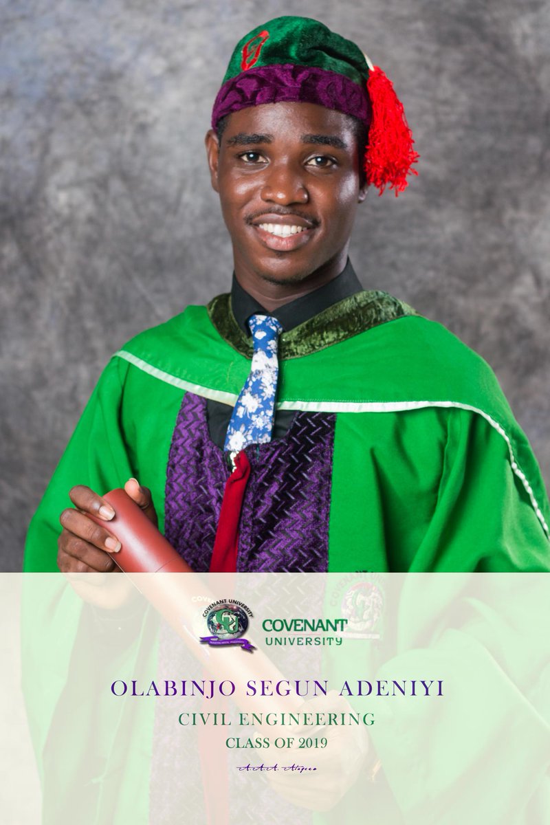 segunolabinjo's tweet photo. Hey guys, I bagged a B.Eng in Civil Engineering from the Prestigious Covenant University @CUHEBRON .I didn't Just graduate with knowledge in Engineering and Mathematics,CU has put alot about Life-matics in me. I am glad to have gone throughCU. To jesus be my Glory. #the14thsetcu https://t.co/Fa2r3A8C3H