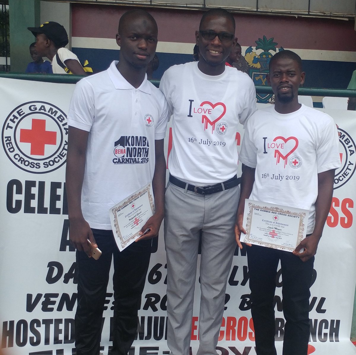 wcrredcross's tweet photo. At the #WorldRedCrossDay2019 commemoration ceremony last week in #Banjul, 2 of our #volunteers received their certificates as trainers having undergone an intensive ToT on #FirstAid by @GambiaRedCross.
Congrats👏to Lamin Marena & Muhammed Sanneh.
#LearnFirstAid #GRCS https://t.co/QHMsUEZv8Y