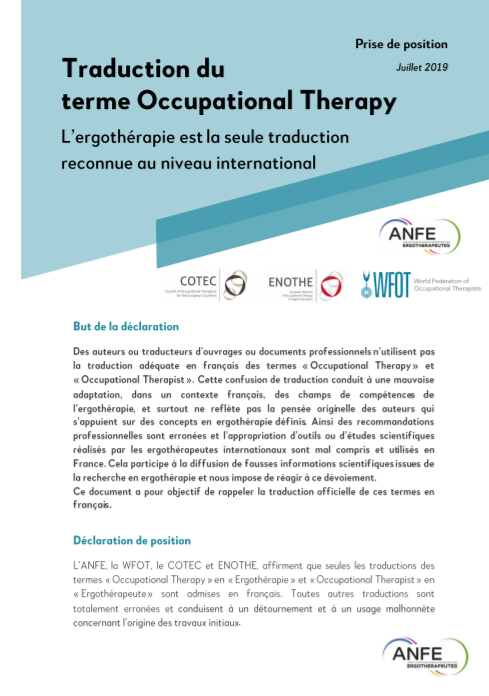 ANFErgOT's tweet photo. Prise de position de l'ANFE, du @COTECEurope, de la @thewfot et de @enOThe1, sur la traduction du terme "#OccupationalTherapy" par "#Ergothérapie".
➡️ https://t.co/YE9gdpFdmQ https://t.co/QDzl4VLS4X