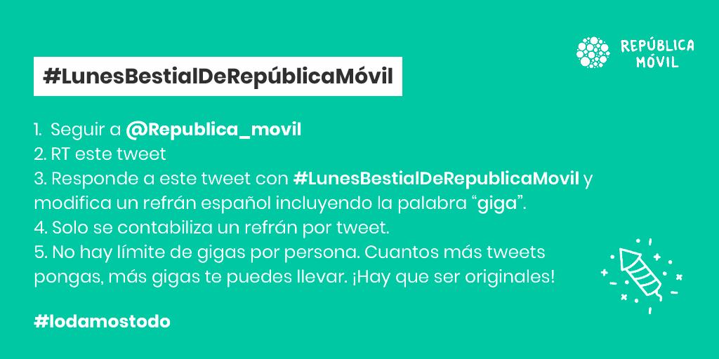 SORTEO 250 GIGAS 🔥

Cuando el río suena…GIGAS LLEVA 😉

Hoy es lunes y como no…  #LunesBestialDeRepublicaMovil 😎 ¿Cuántos refranes sois capaces de crear con la palabra giga? 

1TWEET= 1REFRÁN

¡Mucha suerte!

Bases legales: bit.ly/2GiYXaC