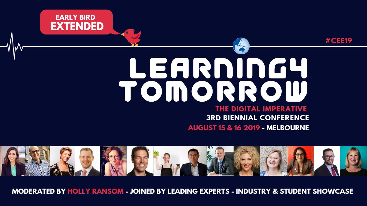 <a href="/mlobrien1/">Mary-Lou O'Brien 🗯️</a> Get behind #CEE19 #digitalcampus delegates Aug 15-16 Melbourne Learning4Tomorrow: The Digital Imperative Conf. bit.ly/2XRxNCq #earlybird  #EmergingTechnologies