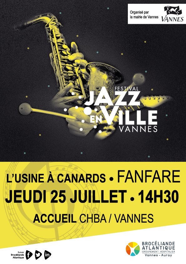 🎷À #Vannes, le festival #JazzEnVille organisé par <a href="/MairieDeVannes/">Mairie de Vannes</a> se joue aussi au #CHBA 🎷
➡ Rdv jeudi 25 juillet à 14h30, devant l'accueil de l'hôpital !