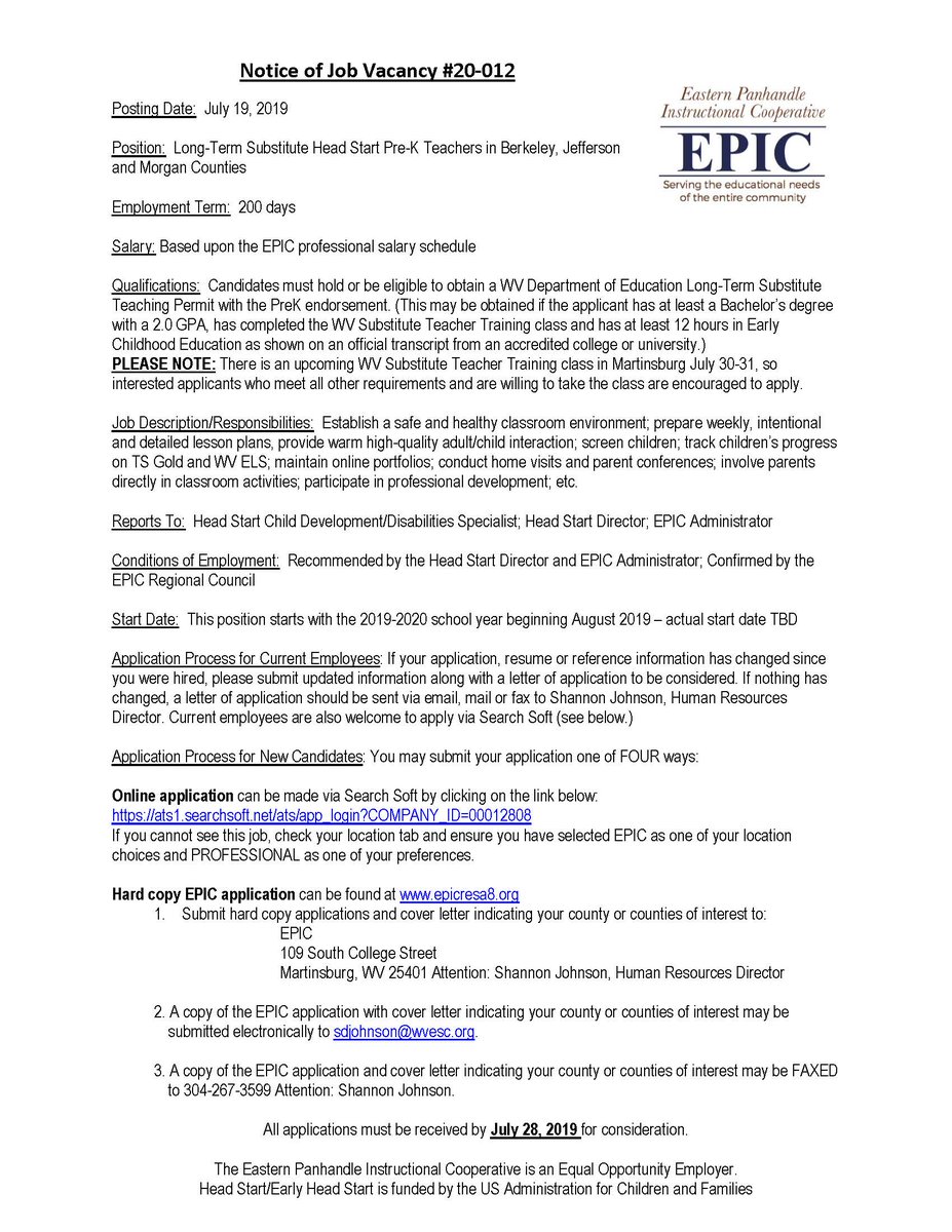 RESA_8's tweet photo. EPIC is hiring long-term substitute teachers for our Head Start Pre-K program in Berkeley, Jefferson and Morgan counties. Candidates must hold or be eligible to obtain a WV Long-Term Substitute Teaching Permit with the Pre-K endorsement. (See attached) https://t.co/6kXM57s9Bj https://t.co/7pV5coPNTM