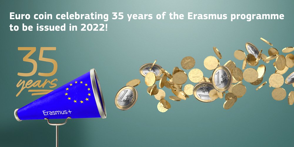 EUErasmusPlus's tweet photo. ⚡Breaking ⚡

In 2022, a special euro coin celebrating 35 years of the Erasmus programme will be issued! 😍 

This is only the 5th time that the EU issues a commemorative coin 🇪🇺

Keep memories of #ErasmusPlus not only in your hearts &amp; minds, but also in your pockets! 👛 https://t.co/RGF4P4BQFp