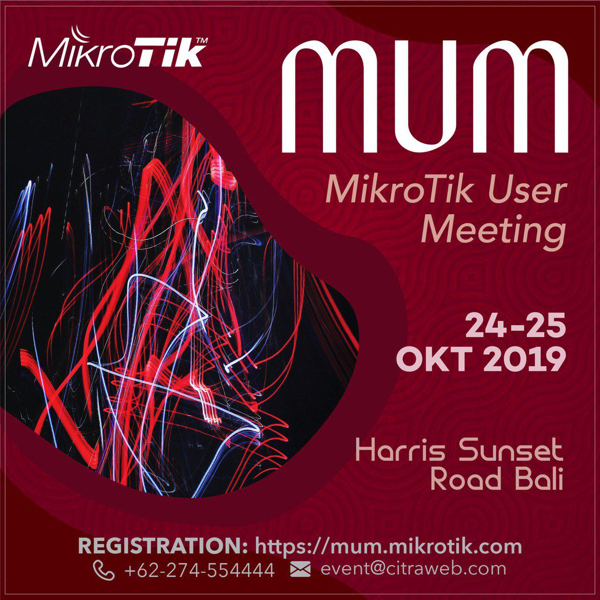 mikrotik_id's tweet photo. Mari ramaikan kembali acara Mikrotik User Meeting Indonesia 2019.
Pada tanggal 24-25 Okt 2019
HARRIS Sunset Road - Bali
Informasi dan pendaftaran lebih lengkap di:
https://t.co/qx1rtkakEe
#MUM #MikrotikUserMeeting #MUMID #MUMIndonesia #Mikrotik #MikrotikID #MikrotikIndonesia https://t.co/01B7MIghpf