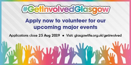 📣📣 Volunteer applications are now OPEN 📣📣 for three of Glasgow’s upcoming major events! 🏊🏻 🥌 ⚽️

Will you be applying for #GetInvolvedGlasgow? Applications close on 25th August. Don't miss your chance!

Apply now 👉 bit.ly/2XR7rjN