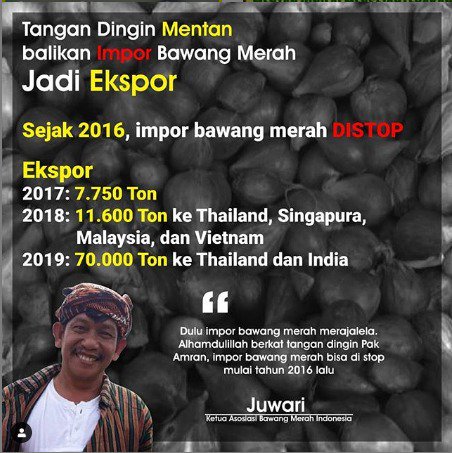 Bawamg merah juga semenjak tahun 2016 lalu sudah tidak impor lagi, tetapi sudah ekspor. #PertanianRIMembanggakan