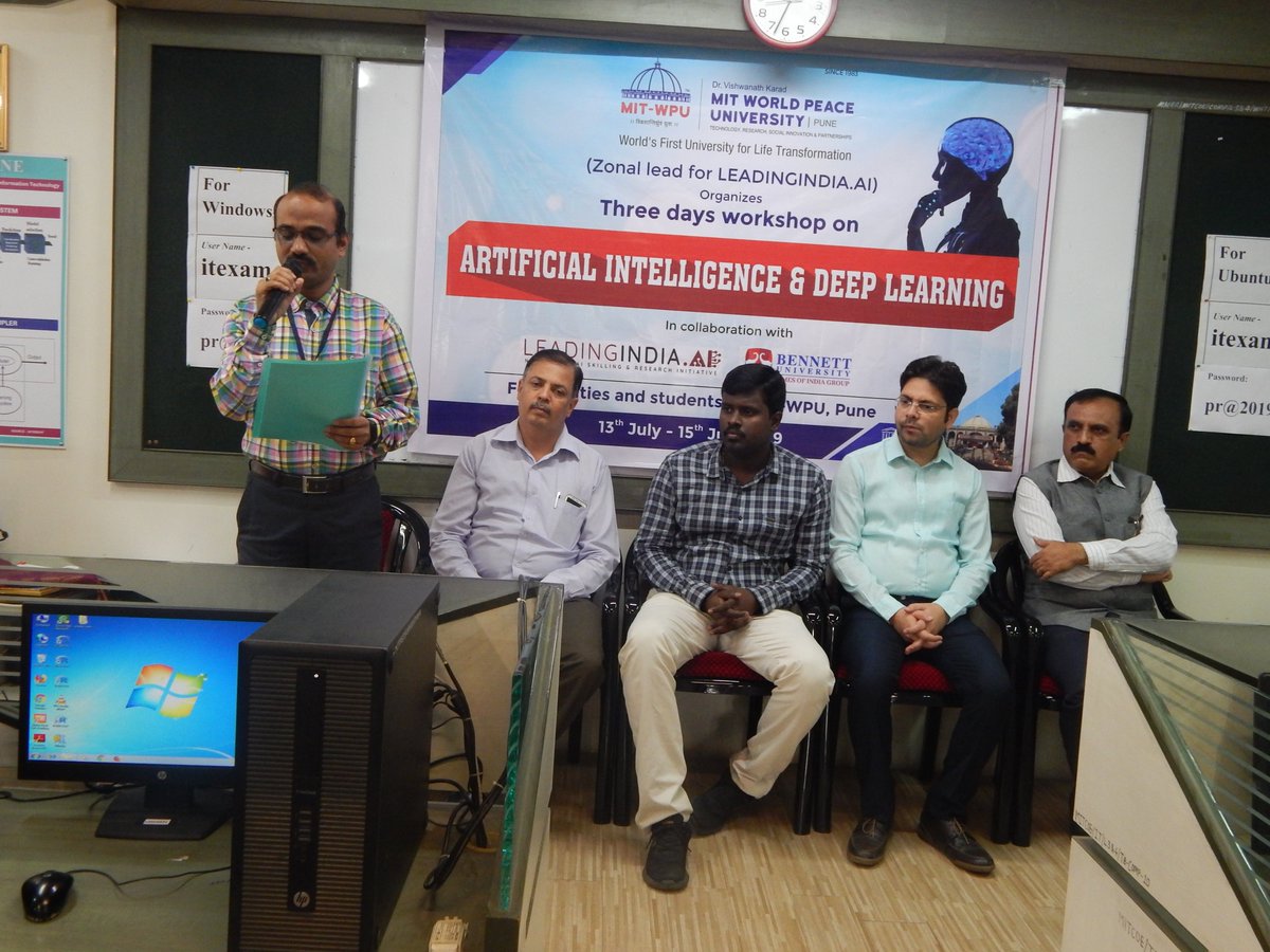 drsris's tweet photo. 'Workshop on AI & Deep Learning' with faculties from MIT World Peace University, Pune from July 13 to 15, 2019
Me with Dr. Vipul @way2vipul
Project @LeadingindiaAI Workshop Series No: 118
#DeepLearning #MachineLearning #ArtificialIntelligence #DeepTour https://t.co/Susrx9Ya9n