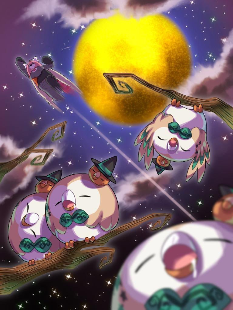 rowlet pokemon (creature) sky no humans night moon closed eyes branch  illustration images