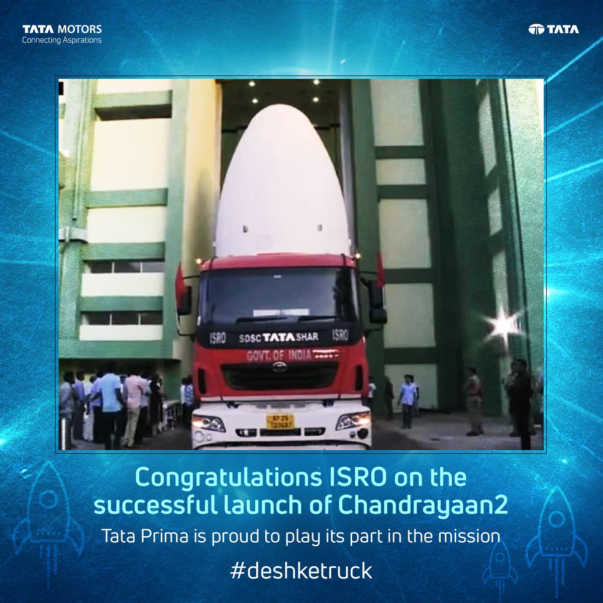 TataMotors's tweet photo. Congratulations #ISRO for the successful launch of #Chandrayaan2 Tata Prima is proud to play its part in India’s quest to reach the moon. #deshketruck #TataPrima https://t.co/DuIA4ABDQV
