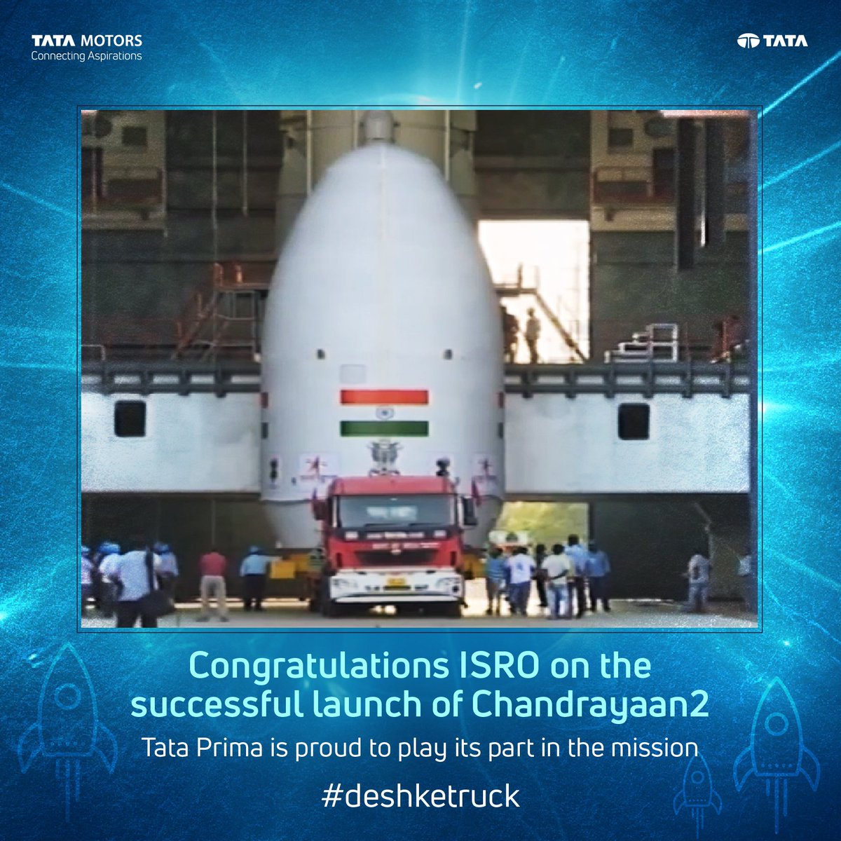 TataMotors's tweet photo. Congratulations #ISRO for the successful launch of #Chandrayaan2 Tata Prima is proud to play its part in India’s quest to reach the moon. #deshketruck #TataPrima https://t.co/DuIA4ABDQV