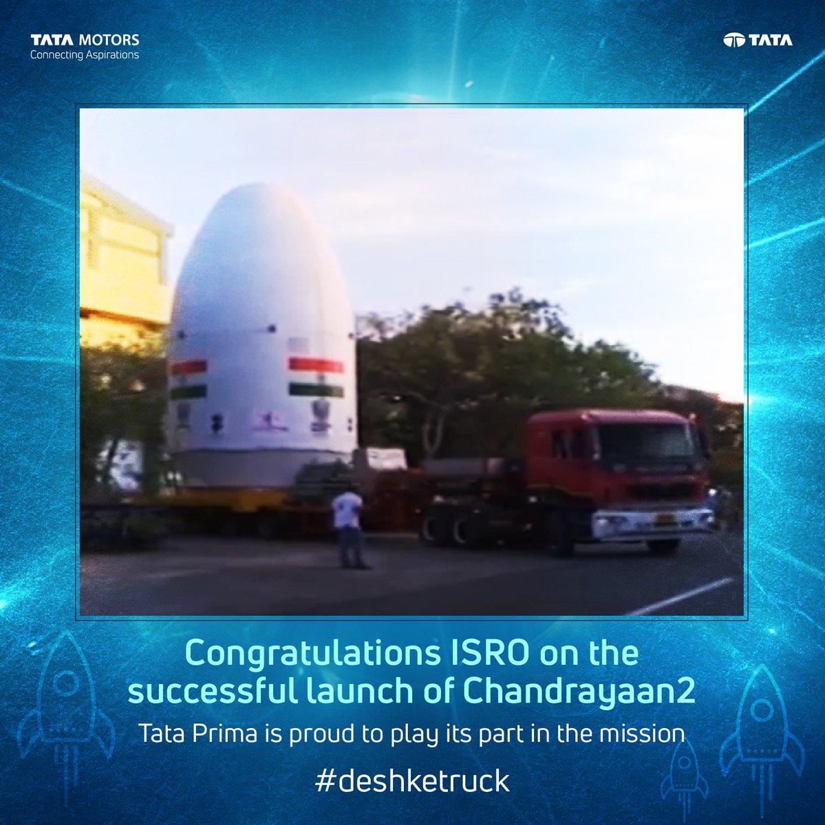 TataMotors's tweet photo. Congratulations #ISRO for the successful launch of #Chandrayaan2 Tata Prima is proud to play its part in India’s quest to reach the moon. #deshketruck #TataPrima https://t.co/DuIA4ABDQV