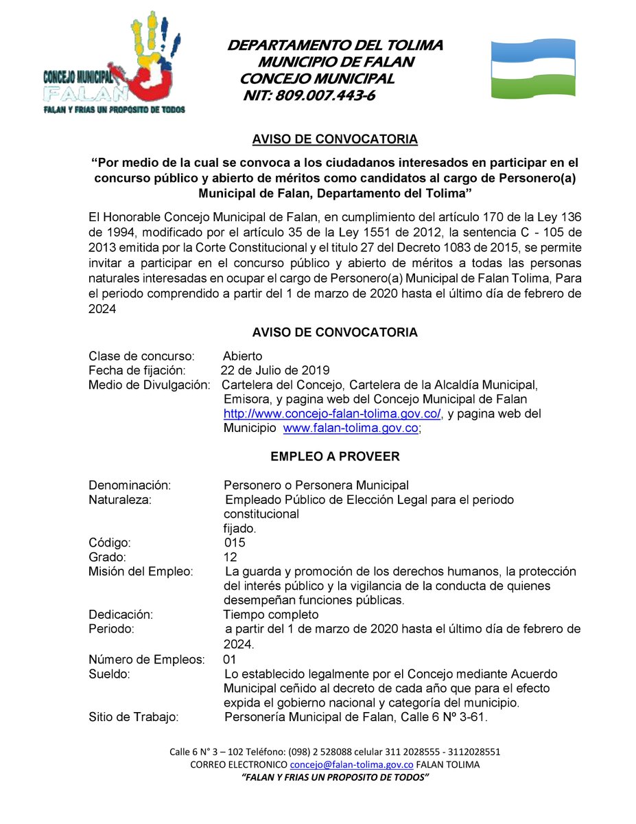 FalanTolima's tweet photo. “POR MEDIO DE LA CUAL SE CONVOCA Y REGLAMENTA EL CONCURSO PÚBLICO Y ABIERTO DE MÉRITOS PARA EL PROVEEDOR EL CARGO DE PERSONERO MUNICIPAL DE FALAN TOLIMA” https://t.co/FkQ6lARC0q