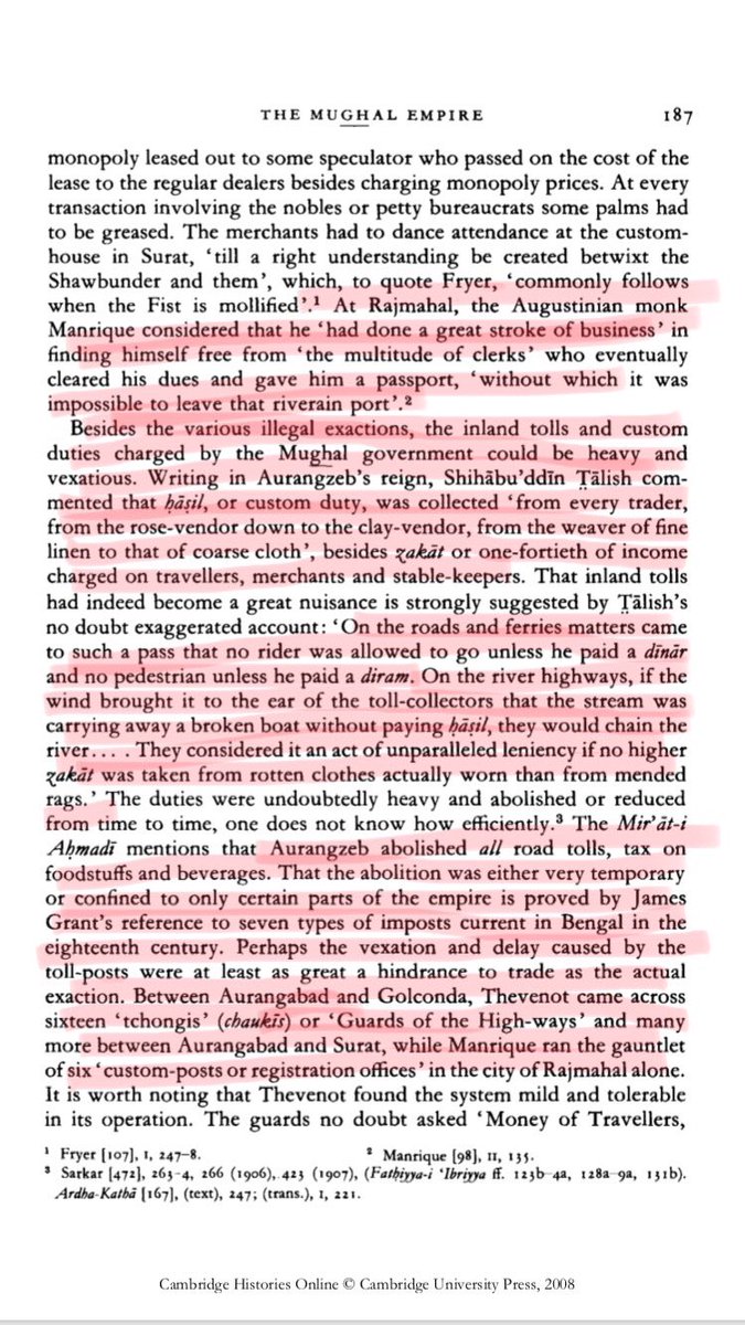 41/n Irfan Habib further quotes Fryer to talk about the corruption @ the clerical level.He says:besides Zakat(1/14th of travellers’ income)heavy toll tax was imposed. It’s a myth that Aurangzeb had removed toll tax.He quotes Thevenot to talk about excessive toll.Snippet: Pg187