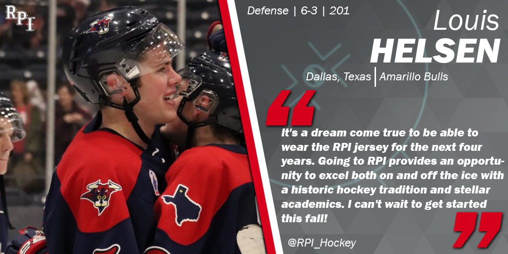 RPI_Hockey's tweet photo. Welcome to @rpi, Louis Helsen!
Hailing from Dallas, Texas, he collected 20 points from the blue line for the @AmarilloBulls
in 2018-19.
#RPIHockey #RPI23 https://t.co/9vpqKS4wLg