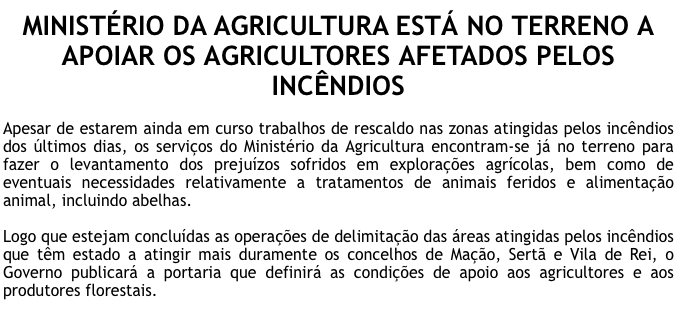 agricultura_pt's tweet photo. Ministério da Agricultura está no terreno a apoiar os agricultores afetados pelos incêndios 

#MAFDR #Incêndios #levantamento #prejuízos  #agricultores #animais #alimentação #Mação #Sertã #ViladeRei https://t.co/XxGfJlVZoB
