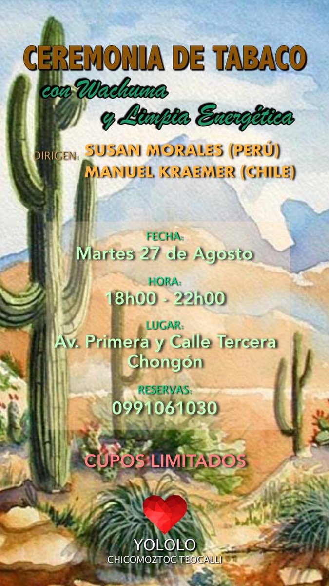 YololoFSI's tweet photo. Agosto es el mes de la sanación en Yololo con Susan y Manuel que vienen de Perú y Chile para compartir la wachuma. Más Información por interno https://t.co/XpNRCTIKdc