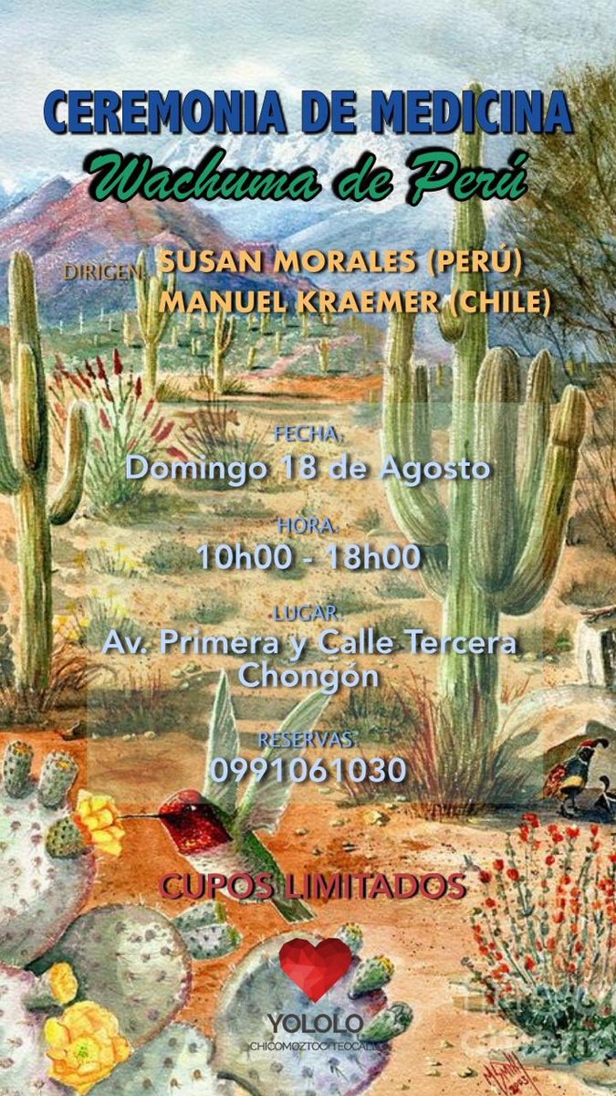 YololoFSI's tweet photo. Agosto es el mes de la sanación en Yololo con Susan y Manuel que vienen de Perú y Chile para compartir la wachuma. Más Información por interno https://t.co/XpNRCTIKdc
