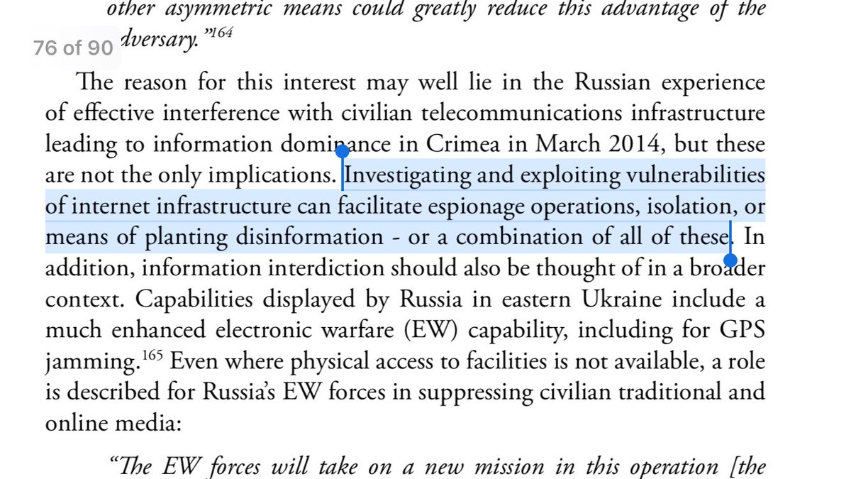 44/ MEANWHILE, IN SPACE, UNUSUAL MANEUVERS: “In an alarming pattern of rehearsal for hostile action” it appears Russia is aiming for information dominance in space by plotting disruption of target nations satellite communications to facilitate espionage, isolation, disinformation