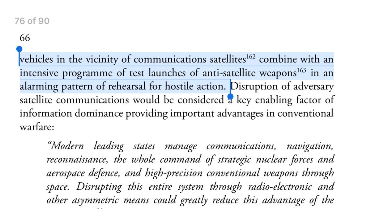 44/ MEANWHILE, IN SPACE, UNUSUAL MANEUVERS: “In an alarming pattern of rehearsal for hostile action” it appears Russia is aiming for information dominance in space by plotting disruption of target nations satellite communications to facilitate espionage, isolation, disinformation