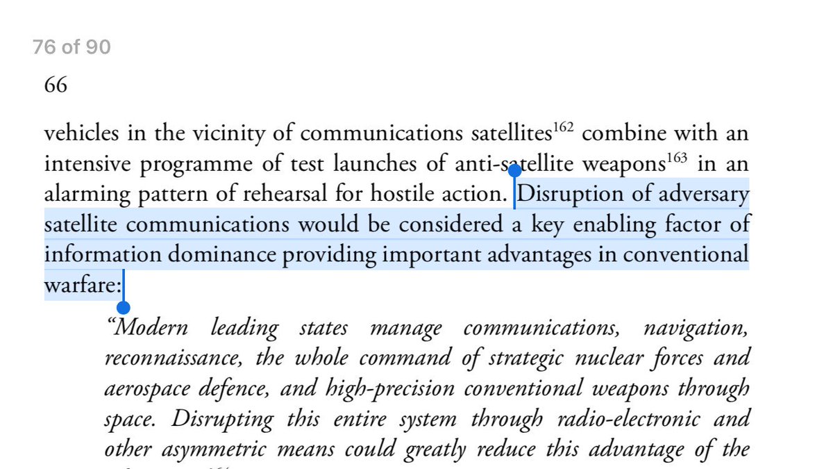 44/ MEANWHILE, IN SPACE, UNUSUAL MANEUVERS: “In an alarming pattern of rehearsal for hostile action” it appears Russia is aiming for information dominance in space by plotting disruption of target nations satellite communications to facilitate espionage, isolation, disinformation