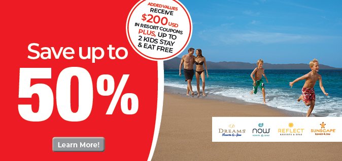Sunquest's tweet photo. Save up to 50% at select Dreams, Now, Reflect and Sunscape Resorts &amp; Spas! ADDED VALUES: Receive $200 USD in Resort Coupons + up to 2 kids Stay &amp; Eat FREE https://t.co/YeMMiW8Hp4 https://t.co/n4BWYmh8v5