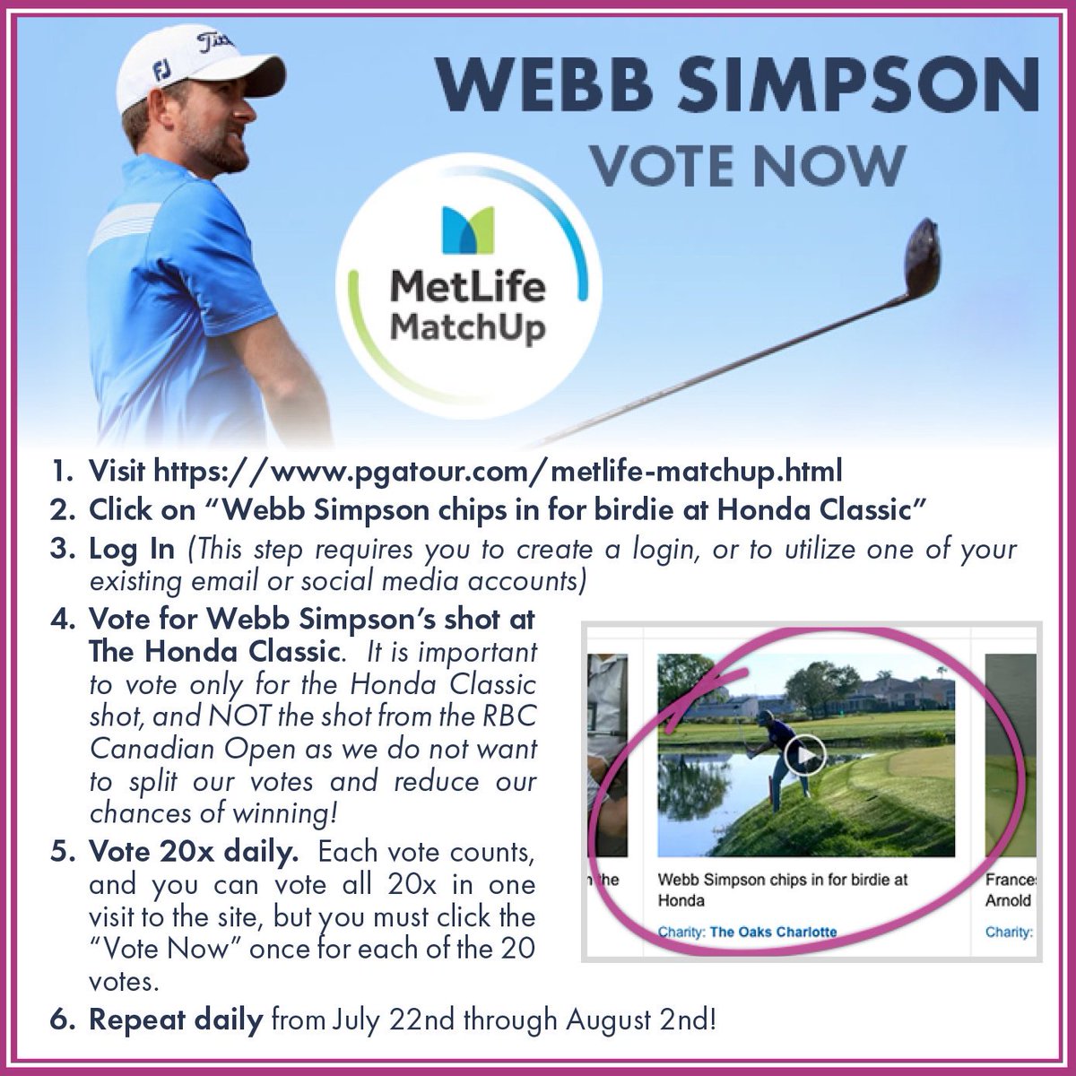 webbsimpson1's tweet photo. Please help me and get your votes in! You can vote 20 times a day. Vote for week #5, my shot at the 11th hole at @TheHondaClassic. Winner of the #metlifematchup gets $750K for their charity! Click the link, click to vote, then vote every day! https://t.co/dQ6QV5z49H #theoaks https://t.co/pt5nrtUXCw