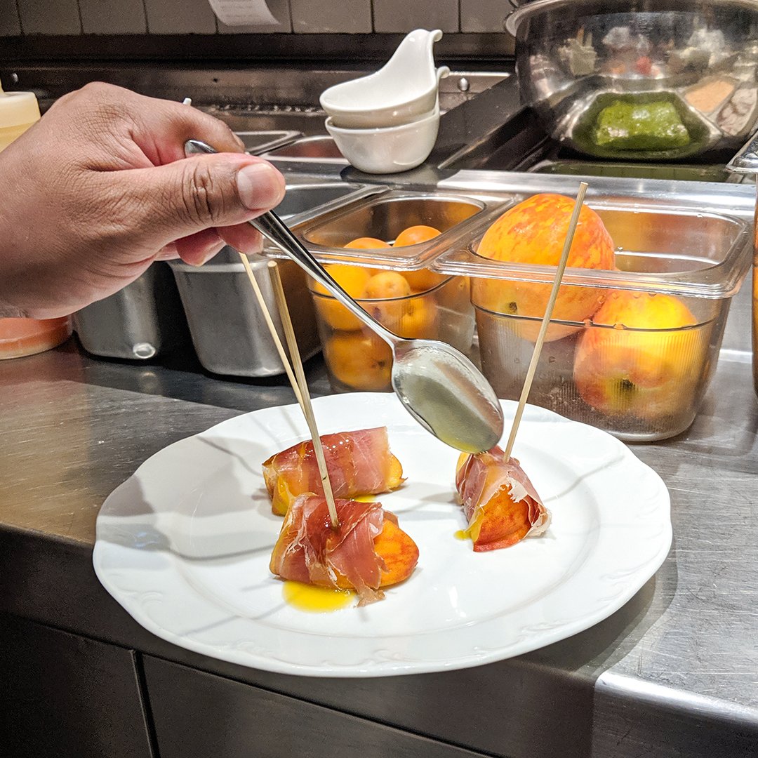 That moment when we anoint the jamón serrano wrapped peaches in fifty year old sherry vinaigrette ✨✨✨ #divine #tapas #barsnacks