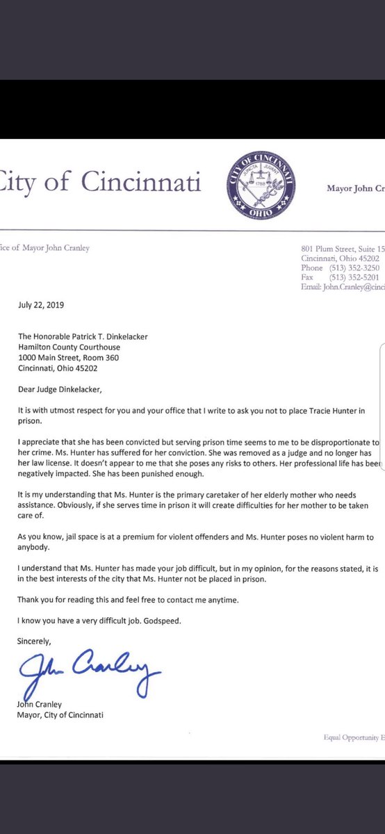 SoniaChopra910's tweet image. Mayor Cranley wrote a letter for #TracieHunter saying jail should be reserved for violent offenders.