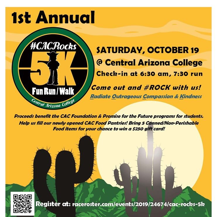 PinalAlliance's tweet photo. The Central Arizona College 5K Fun Run & Walk will take place on Saturday, October 19 at the Signal Peak Campus in Coolidge. It's one of the events being held to celebrate CAC's 50th Anniversary.
https://t.co/oqlJE02aq2
#CACRocks #casagrande #coolidge #pinalcounty #maricopa #eloy https://t.co/LSzX242CR6