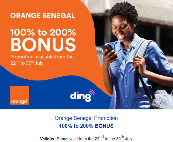DingConnect's tweet photo. We have a new Orange Senegal Promotion available from the 22nd to 30th of July. 
Bonus: 100% to 200% - Validity: Bonus valid from the 22nd to 30th of July
Download the artwork: https://t.co/jnZ4pwae6m https://t.co/32aAYE0NHM
