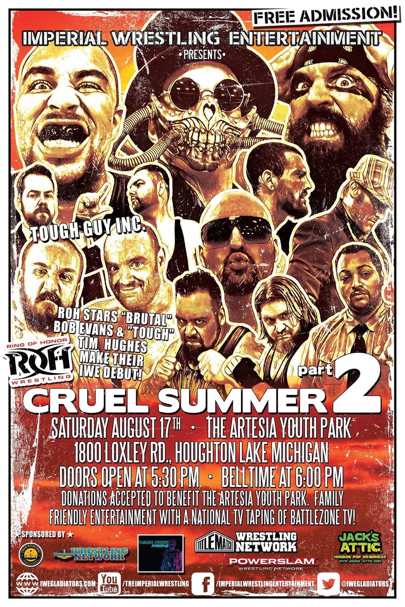 iwegladiators's tweet photo. Jeremiah J. Hughes defends his newly won IWE world title, and see ROH stars Bob Evans &amp; Tim Hughes! Also the in-ring return of “Creature Feature” John Campbell! All this and much more on Saturday, August 17th! Doors open at 5:30, FREE show kicks off at 6PM! #BattleZoneTV https://t.co/avRHt7d1jR