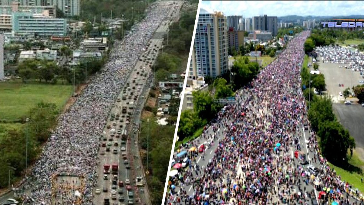 TelenoticiasPR's tweet photo. Izquierda: Marcha por la Paz de Vieques (2000)
Derecha: Paro Nacional exigiendo la renuncia de Rosselló. (2019) https://t.co/kwWriXuUxH