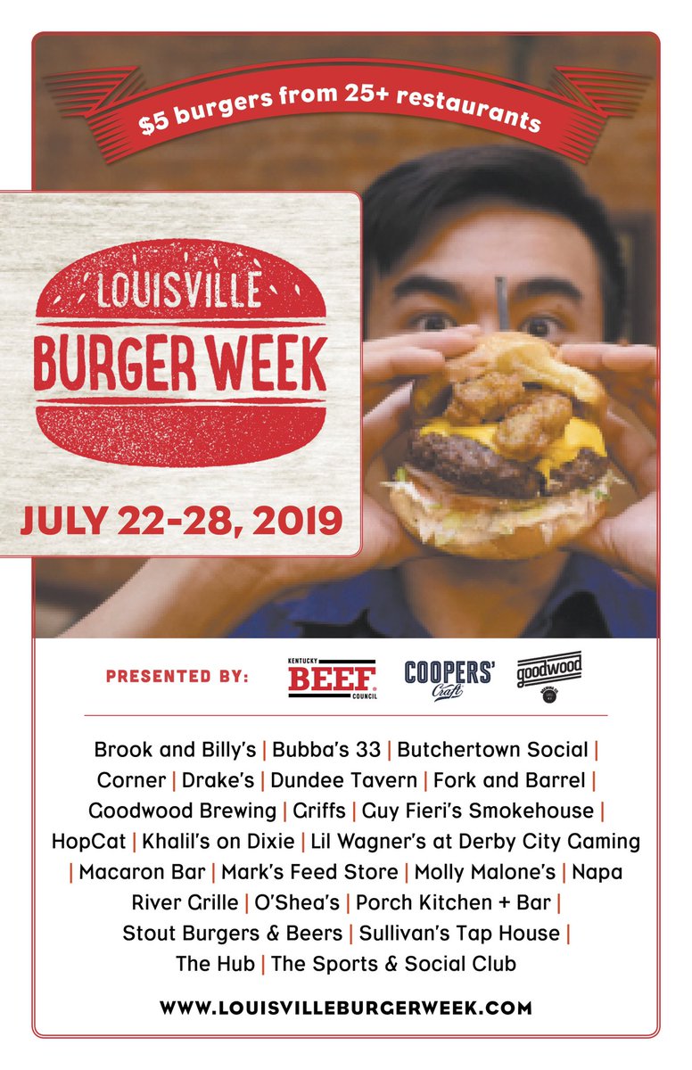 louburgerweek's tweet photo. The Third Annual Louisville Burger Week presented by The @kybeef Council is here!  Enjoy gourmet burgers for only $5 at over 20 participating locations!  For details and burger descriptions visit https://t.co/k0flNPdIlN #502burgerweek https://t.co/4ZOkR46ZEz