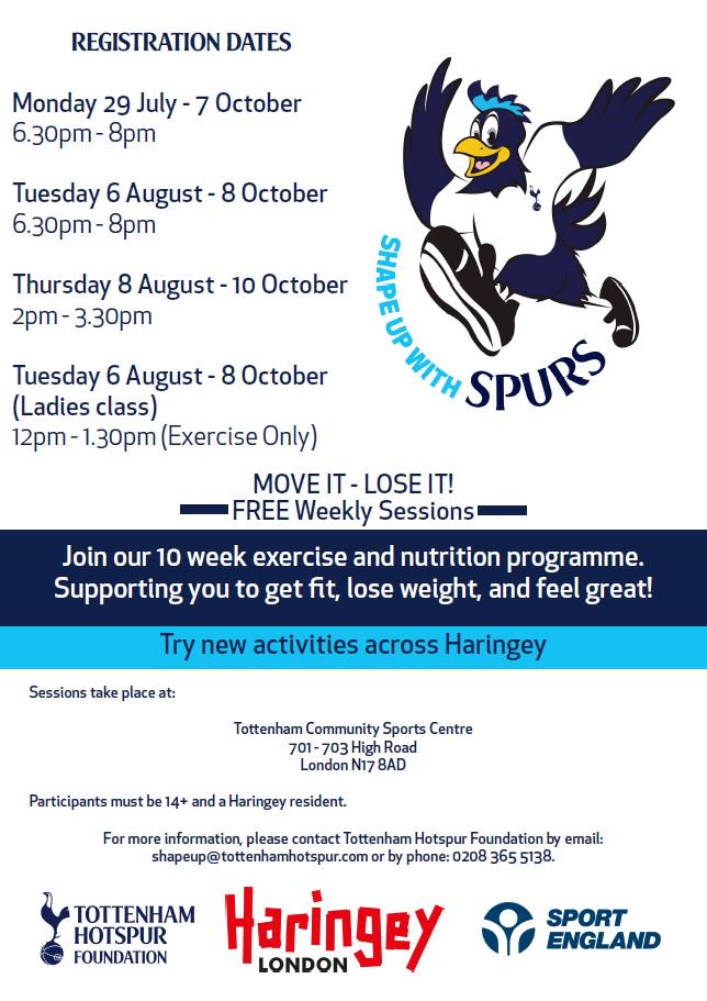 Fancy getting fit 🤸‍♂️🤸‍♀️ losing weight ⚖️or feeling great 🕺💃? Join Shape up with Spurs for a 10-week exercise and nutrition programme. The first sessions begin 29 July. For more info, email shapeup@tottenhamhotspur.com or call 020 8365 5138.  <a href="/SpursFoundation/">Tottenham Hotspur Foundation</a>