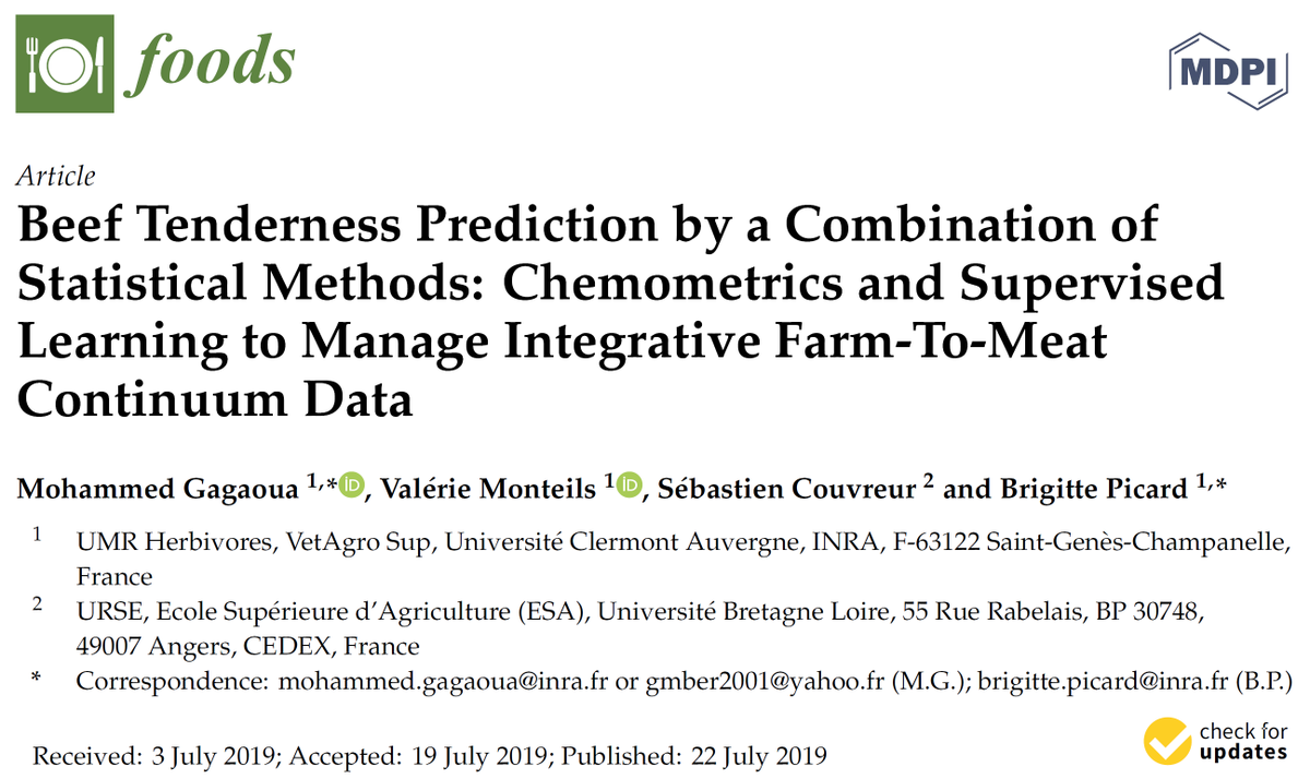 mgagaoua's tweet photo. Just published #paper in @Foods_MDPI about #Beef Tenderness Prediction by combining #Statistical Methods based and #Integromics. @LD4D_community https://t.co/s4xtMKya9M
Thanks to PDO Maine-Anjou association, ADEMA and Elivia & to
@UMR_Herbivores @Inra_Phase @Inra_ARA @VetAgroSup https://t.co/tjxdIKAWO2