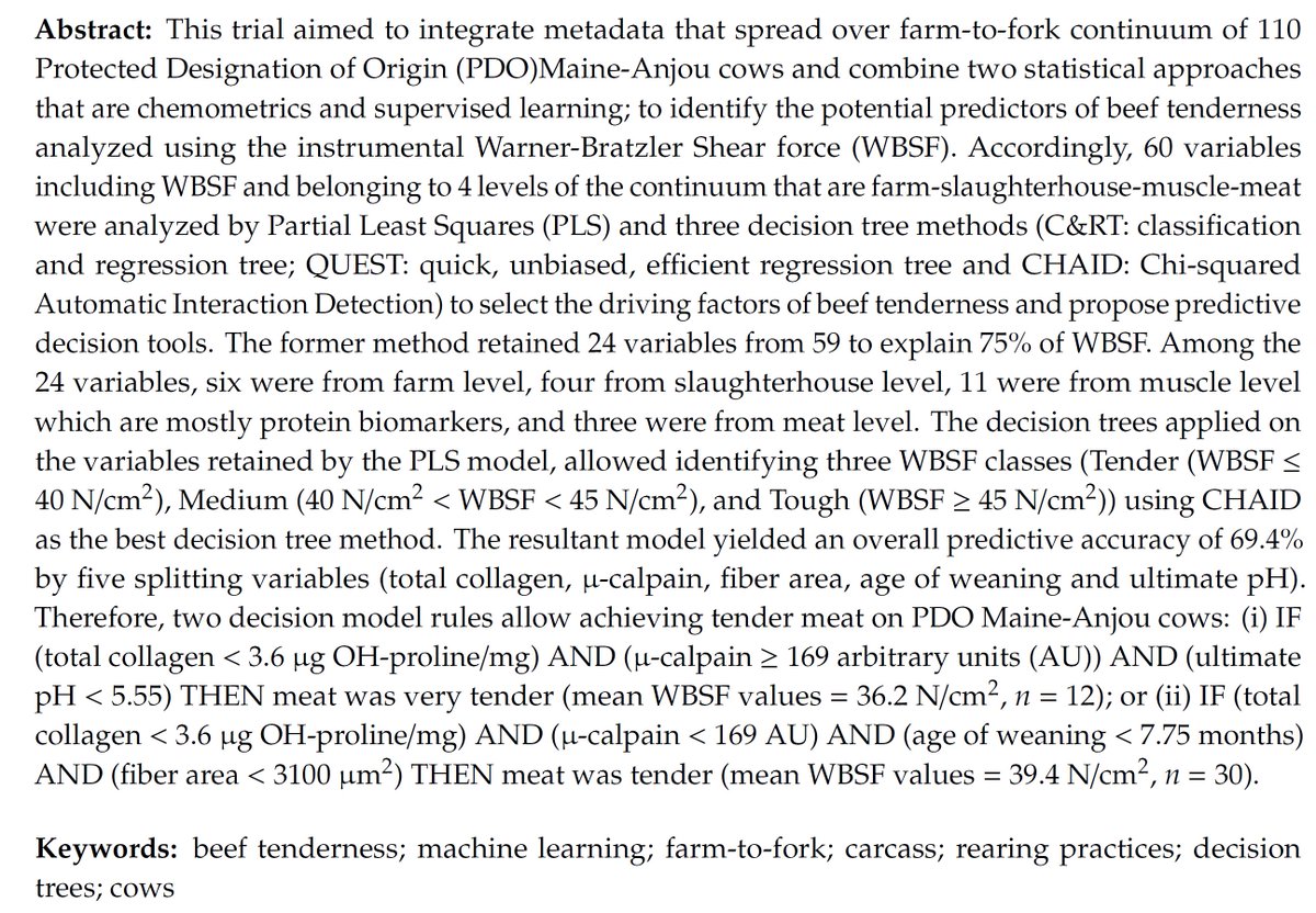 mgagaoua's tweet photo. Just published #paper in @Foods_MDPI about #Beef Tenderness Prediction by combining #Statistical Methods based and #Integromics. @LD4D_community https://t.co/s4xtMKya9M
Thanks to PDO Maine-Anjou association, ADEMA and Elivia & to
@UMR_Herbivores @Inra_Phase @Inra_ARA @VetAgroSup https://t.co/tjxdIKAWO2