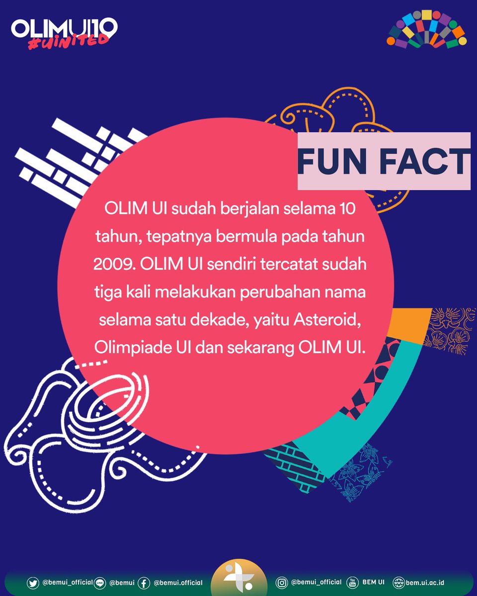 [FUNFACT OLIM UI]

Halo, UI! 

Perhitungan hari menuju Olim UI telah dimulai. Mari persiapkan diri kita untuk saling mengenal Olim UI lebih dekat lagi! Berikut merupakan fakta unik yang perlu kalian ketahui mengenai Olim UI! 

#OlimUI2019