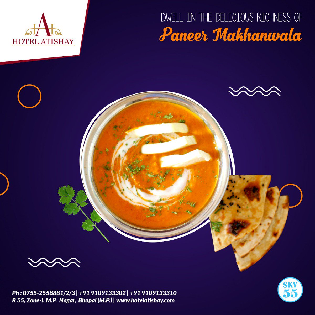 hotel_atishay's tweet image. Dwell in the #Deliciousness of #PaneerMakhanwala at #HotelAtishay. Many more #Mouthwatering #Paneer # Dishes, you can #Enjoy with #Friends and #Family at Hotel Atishay. For Bookings, Contact 0755-2558881/2/3, +91 9109133310.
#Sky55 #UrbanChulha #SummerCoolers #MPNagar #Bhopal
