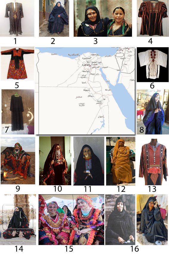 #egypt_culturediversity_mapping 
خريطة الملابس التراثية بمصر التي مازالت مستخدمة للان بشكل او اخر : 

1 تلي اسيوطي  
2 زي عدوي بني عدي باسيوط -
3 زي فلاحي قري الدلتا و الفيوم و شمال الصعيد
4 زي واحاتي 
5 زي سيناوي  
6 الزي السيوي للزفاف 
7 جرجار نوبي 
8 حبرة اسناوي