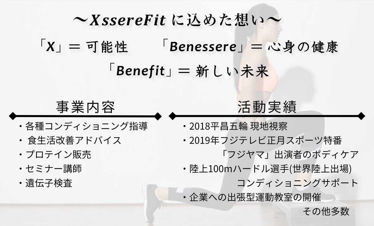 hide_trainer's tweet photo. 新しく屋号を作り直しました‼️

XssereFit (エクセレフィット)

X
＝可能性

Benessere
＝心身の健康(イタリア語)

Benefit
＝新しい未来

『お客様の心身の健康をベースに
可能性を最大限に引き出して
明るい未来を共に創り出す』

こんな想��で3つの言葉を繋げました✨

私の想いが詰まってます💪😊 https://t.co/maFYg3Fsjp